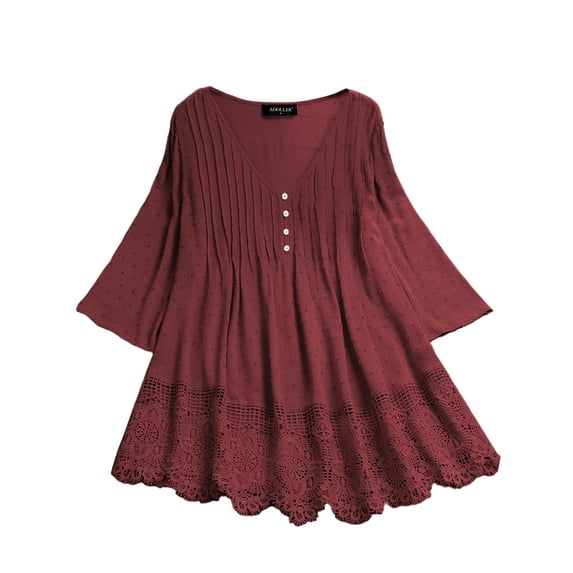 Gomelly Ladies Shirts Hollow Out Tops Loose Blouse Women Casual Office Shirt Lace Tunic Wine Red XXL