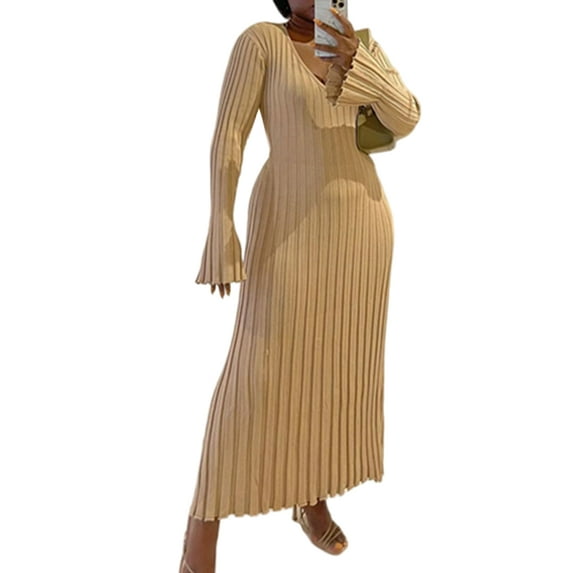 Gomelly Ladies Sweater Dress Long Sleeve Pullover Jumper Casual Maxi Women V Neck Winter Apricot XL