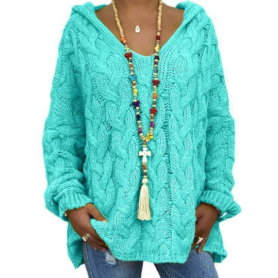 Gomelly Ladies Sweater Winter Warm Jumper Tops Knitwear Pullover Women Casual Work Knitted Sweaters Solid Color Hoodies Lake Blue L
