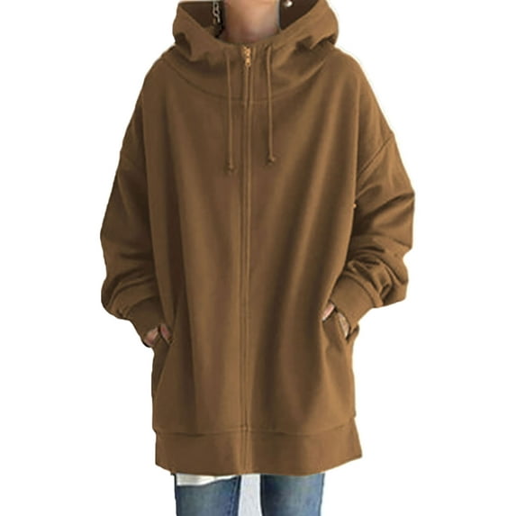 Gomelly Ladies Sweatshirt Long Sleeve Coat Thicken Plush Hoodie Women Hoodies Running Overcoats Hooded Neck Outwear Coffee M