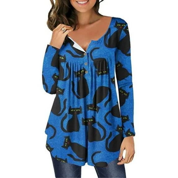 Gomelly Ladies T-shirt Halloween Tee Loose T Shirt Women Pleated Work Pullover Long Sleeve Tunic Blouse Style K XL