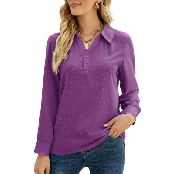 Gomelly Ladies Tops Long Sleeve Blouse Fahion Shirts Women Loose Work Tunic Shirt Lapel Neck Purple XL