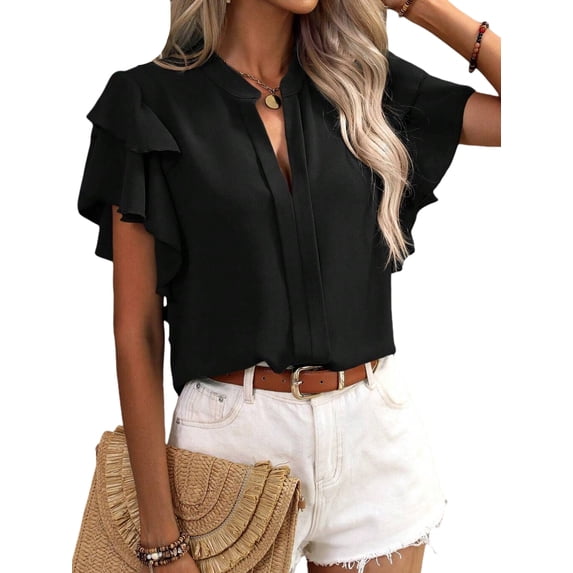 Gomelly Ladies Tops Plain Solid Color Shirts Loose Blouse Women Elegant Office Tunic Shirt Double Layer Ruffles Short Sleeve Black L