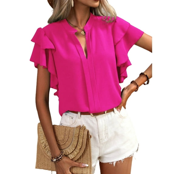Gomelly Ladies Tops Plain Solid Color Shirts Loose Blouse Women Elegant Office Tunic Shirt Double Layer Ruffles Short Sleeve Rose Red L