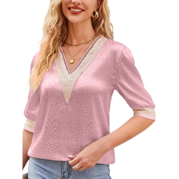 Gomelly Ladies Tops Stain Silk Blouse Breathable T Shirt Women Comfy Business Shirts Pullover Pink M