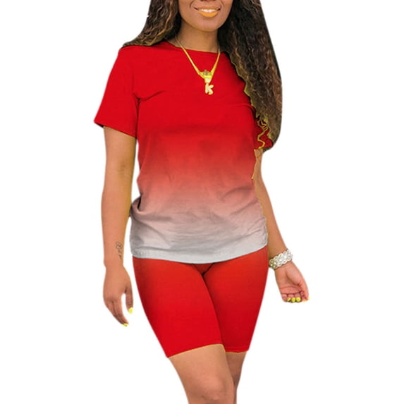 Gomelly Ladies Two Piece Outfit Short Sleeve Sweatsuits Casual Jogger Set Women Loose Fitness Lounge Sets Crew Neck Red XXL