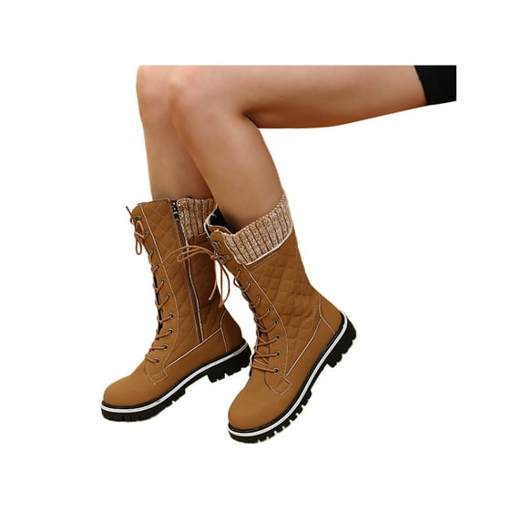 Gomelly Ladies Winter Shoes Lace Up Mid-Calf Boot Round Toe Boots Fashion Riding Hiking Khaki 5