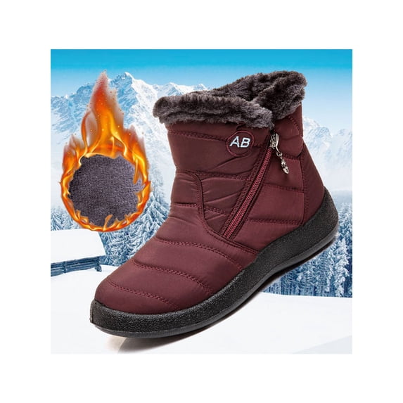 Gomelly Ladies Work Non-slip Plush Lining Winter Shoes Walking Comfort Snow Boots Warm Side Zipper Mid-Calf Boot Red 9.5
