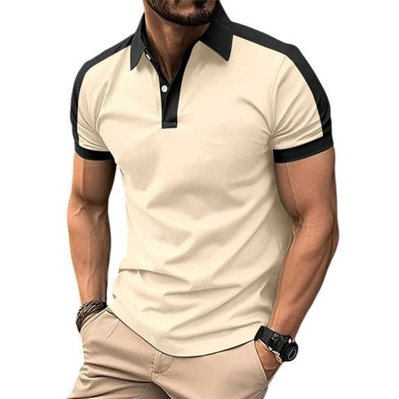 Gomelly Men T Shirts Lapel Neck Polo Shirt Slim Fit Summer Tops Mens Casual Work Tee Button T-shirt Khaki 3XL