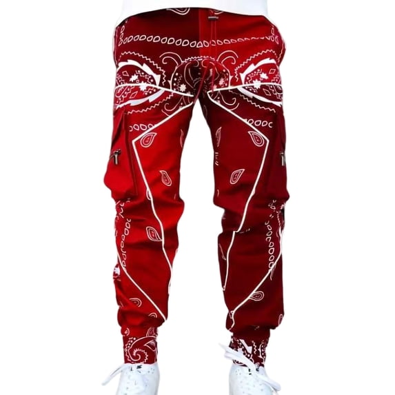 Gomelly Men Trousers Elastic Waist Bottoms Casual Cargo Pants Mens Fitted Street Parachute Pant Pockets Red B 3XL