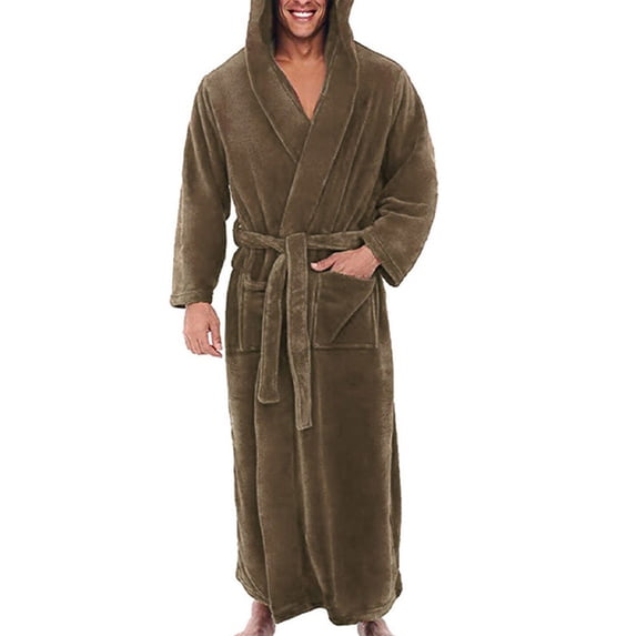 Gomelly Mens Dressing Gown Long Sleeve Wrap Robe Thicken Plush Bath Robes Men Warm Lounge Nightwear Solid Color Towelling Brown 2XL