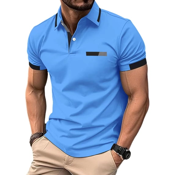 Gomelly Mens Polo Shirt Button Summer Tops Casual T Shirts Men Tennis Blouse Short Sleeve T-shirt Blue 2XL