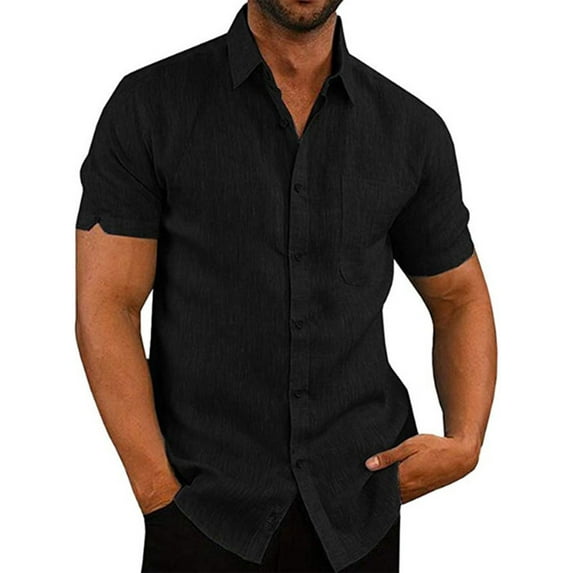 Gomelly Mens T Shirt Turn Down Collar Tops Casual T-shirt Men Plain Vacation Blouse Short Sleeve Summer Shirts Black L