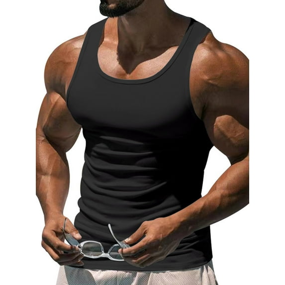 Gomelly Mens Tank Tops Sleeveless Summer Athletic Muscle Shirts Men's Stretch Sport Tee Solid Color Vest Black L
