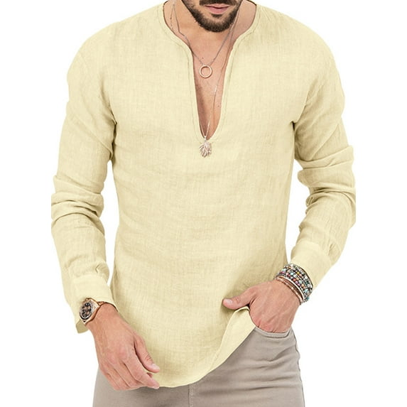 Gomelly Mens Tops Solid Color T Shirts Fashion T-shirt Men's Regular Fit Sport Pullover V Neck Blouse Khaki M