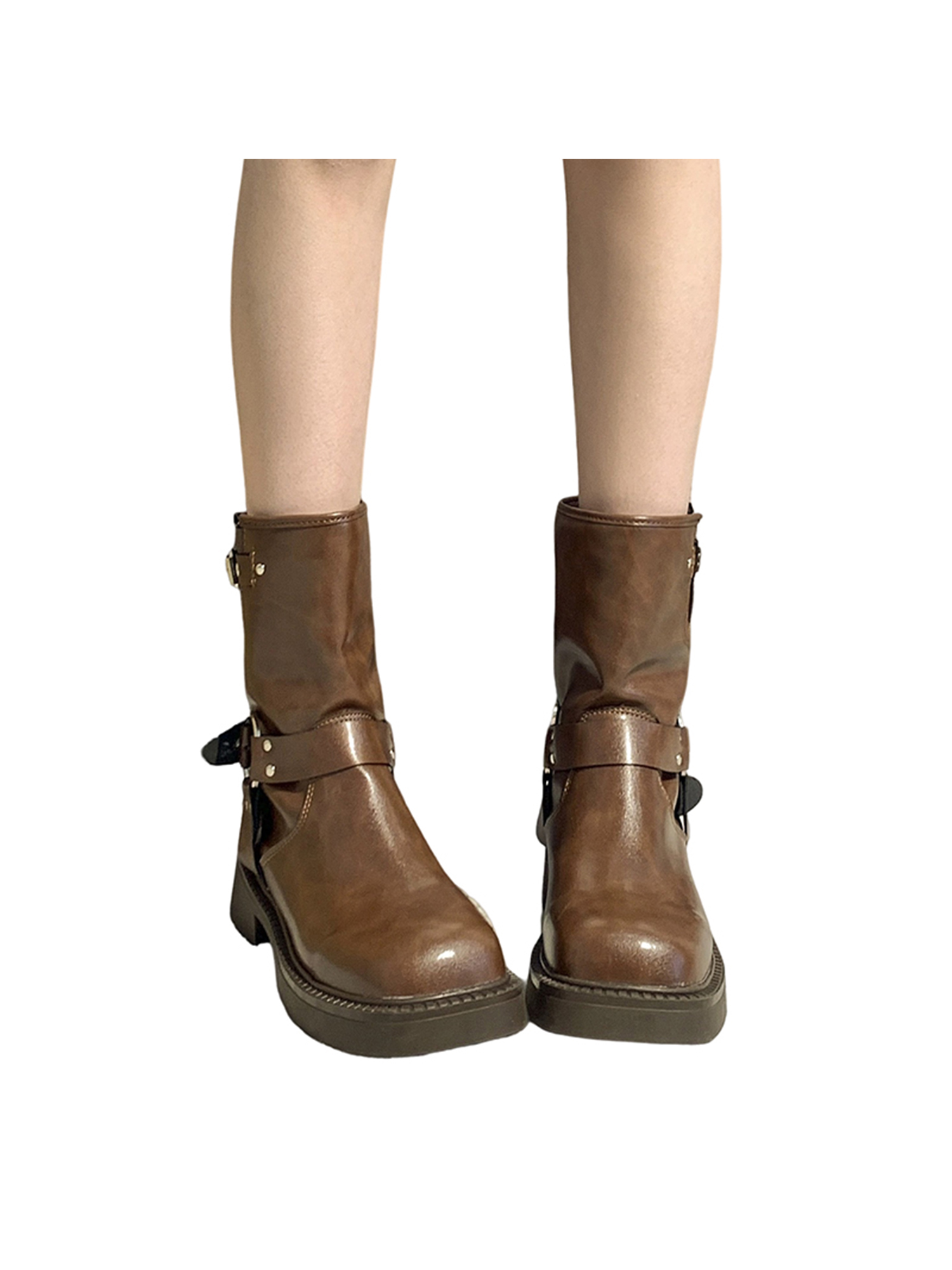 Gomelly Women Boots Buckle Strap Riding Boot Square Toe Booties Fashion