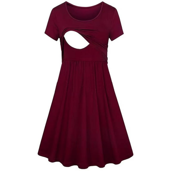 Gomelly Women Breastfeeding Dress Elastic Princess-waisted Maternity-Dress Soft Nursing Dresses Maternity Comfy Sleeping Pregnancy-Dress Short Sleeve Burgundy XS