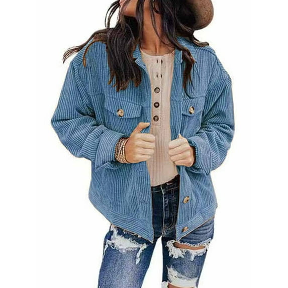 Gomelly Women Coat Corduroy Jacket Casual Outwear Ladies Open Front Holiday Jackets Cardigan Lake Blue 2XL
