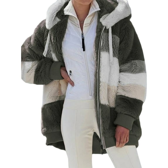 Gomelly Women Coat Hoodie Outwear Color Block Jacket Ladies With Pockets Winter Warm Overcoats Patchwork Cardigan Army Green 4XL