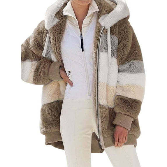 Gomelly Women Coat Hoodie Outwear Color Block Jacket Ladies With Pockets Winter Warm Overcoats Patchwork Cardigan Khaki M