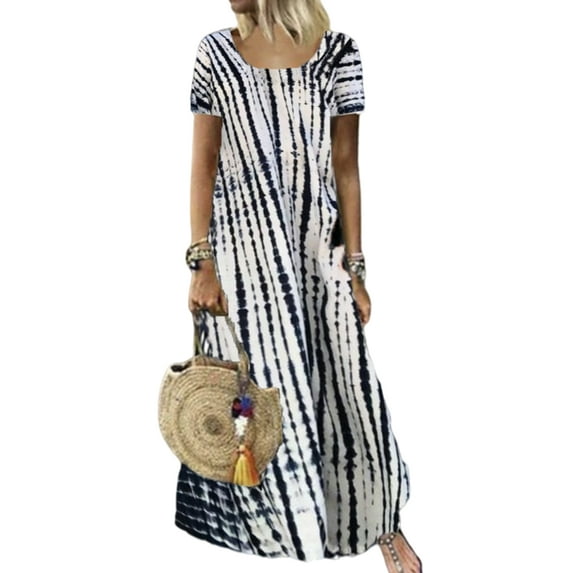 Gomelly Women Dresses Crew Neck Dress Hawaiian Sundress Ladies Kaftan Beach Tie Dye Print White 4XL