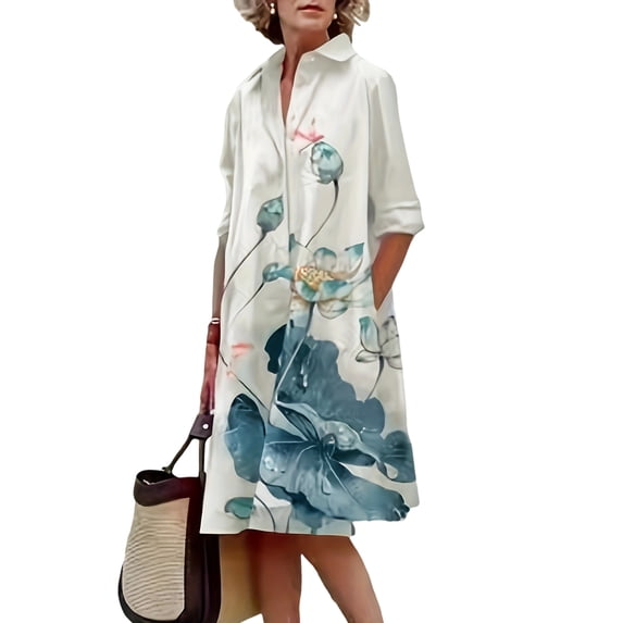 Gomelly Women Dresses Long Sleeve Shirt Dress Casual Midi Ladies Holiday Spring Floral Print White S