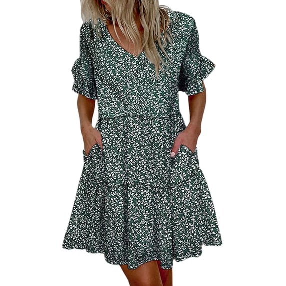 Gomelly Women Dresses T-shirt Sundress Loose Dress Ladies Simple Holiday Swing Green S