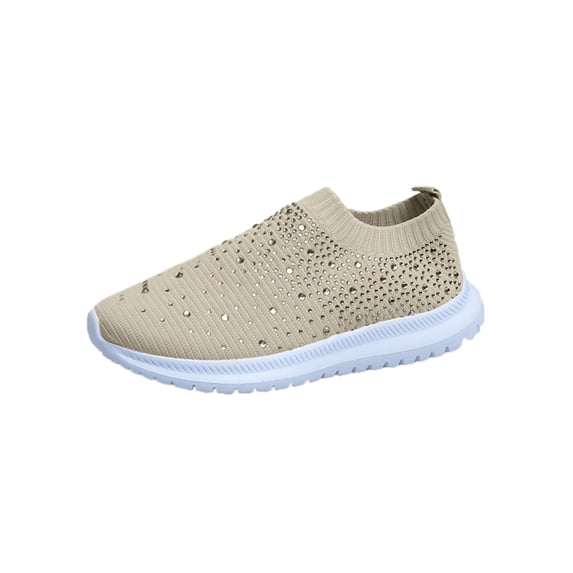 Gomelly Women Flats Rhinestone Casual Shoes Knit Upper Sneakers Mesh Sock Sneaker Sports Travel Walking Shoe Beige 7