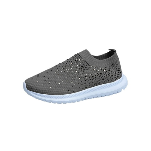 Gomelly Women Flats Rhinestone Casual Shoes Knit Upper Sneakers Mesh Sock Sneaker Sports Travel Walking Shoe Gray 5.5