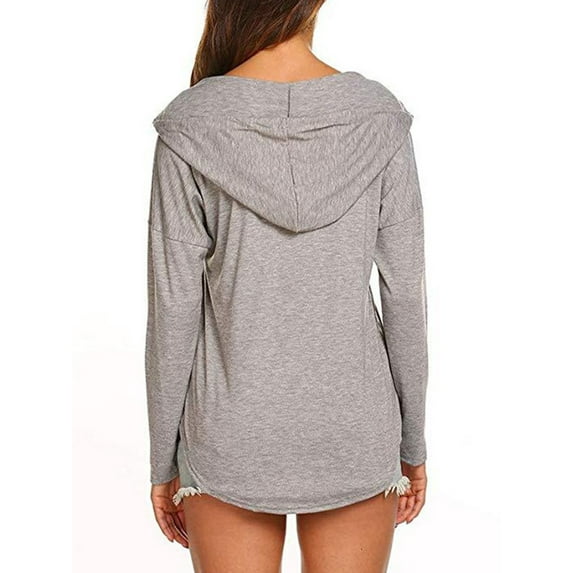 Gomelly Women Hoodies Tops V Neck Hooded Tee Soft T Shirt Ladies Loose Work Hoodie Pullover Solid Color Gray L