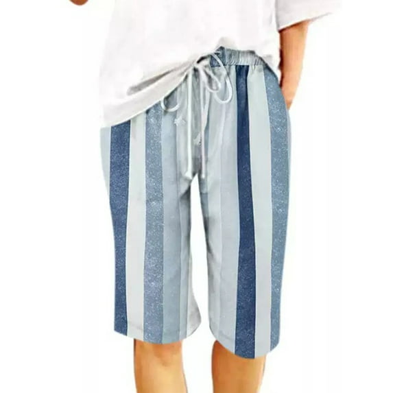 Gomelly Women Knee Length Pants Striped Capri Pant Hawaii Summer Beach Shorts Ladies Casual Travel Short Hot Bermuda Bottoms Dark Blue M