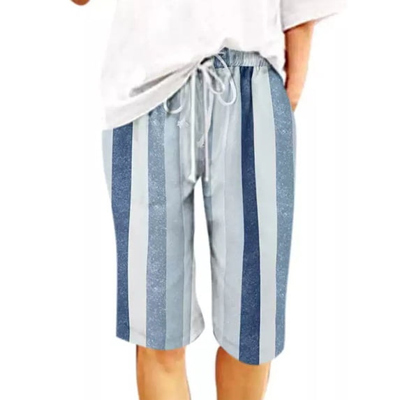 Gomelly Women Knee Length Pants Striped Capri Pant Hawaii Summer Beach Shorts Ladies Casual Travel Short Hot Bermuda Bottoms Dark Blue S