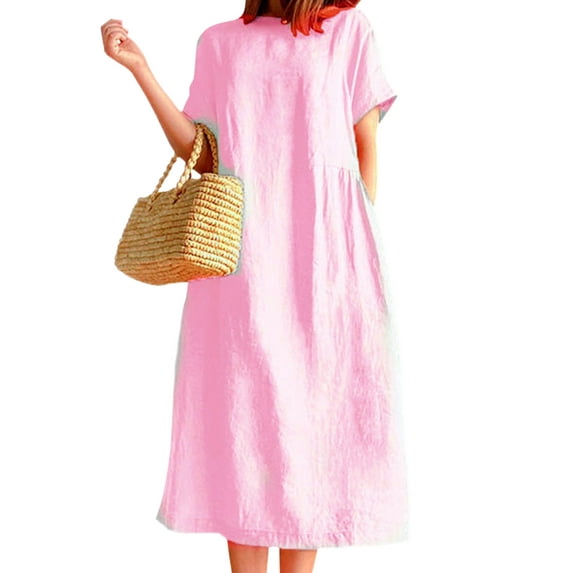 Gomelly Women Midi Dress Solid Color Summer Beach Sundress Kaftan Swing Dresses Ladies Sexy Weekend Crew Neck Pink L.
