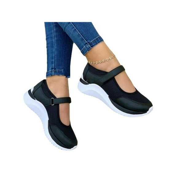 Gomelly Women Nursing Breathable Low Top Wedge Shoe Sports Lightweight Comfortable Casual Sneakers Ankle Strap Mary Jane Sneaker Black 5.5