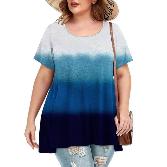 Gomelly Women Plus Size Tops Short Sleeve Summer T Shirts Loose T-shirt Ladies Fashion Holiday Tee Oversized Blouse Gradient Color XL