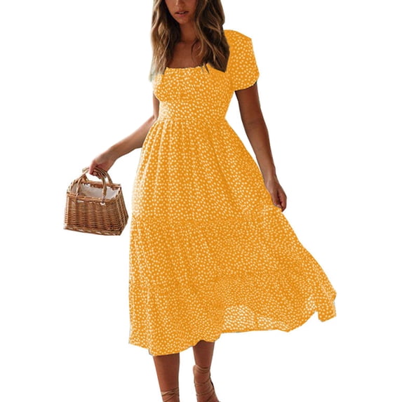 Gomelly Women Shirt Dress Square Neck Sundress Flowy Dresses Ladies Loose Vacation Polka Dot Yellow XL