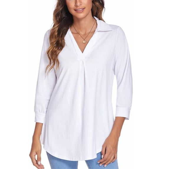 Gomelly Women Shirts Solid Color Tops Elegant Blouse Ladies Plain Business Tunic Shirt V Neck White L