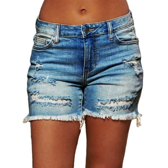 Gomelly Women Short Jeans Pockets Jean Retro Denim Shorts Ladies Distressed Party Solid Color Deep Blue L