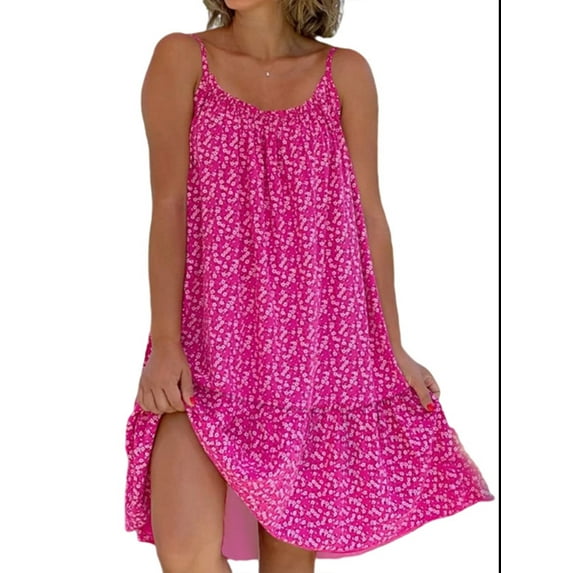 Gomelly Women Slip Dress Floral Print Summer Beach Sundress Basic Short Mini Dresses Ladies Kaftan Party Sleeveless Rose Red S