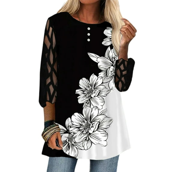Gomelly Women Summer T Shirts 3/4 Sleeve T-shirt Fashion Plus Size Tops Ladies Loose Holiday Pullover Oversized Tee Black XL