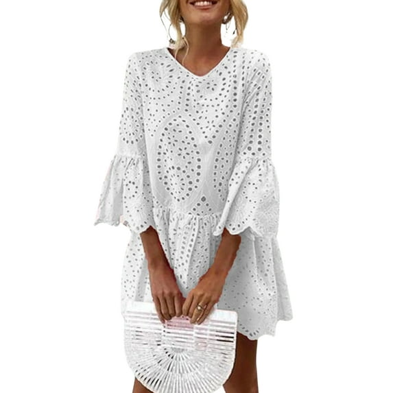 Gomelly Women T Shirt Dress Summer Short Mini Dresses Casual Sundress Ladies Loose Bohemian Swing White M