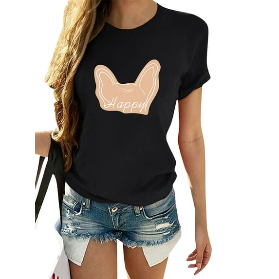 Gomelly Women T Shirt Happy Letter Print T-shirt Bohemian Summer Tops Ladies Soft Holiday Pullover Crew Neck Tunic Blouse Black L