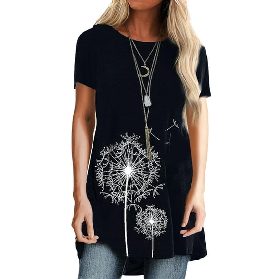 Gomelly Women Tee Short Sleeve T Shirt Bohemian Tops Ladies Loose Holiday Pullover Dandelion Print Tunic Blouse Black S