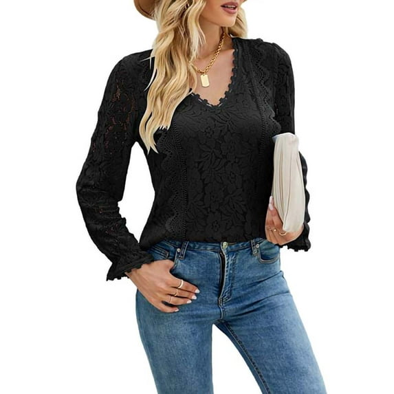 Gomelly Women Tops Long Sleeve Tunic Blouse Casual Shirts Ladies Sexy Work T Shirt Floral Lace Black L