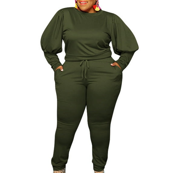 Gomelly Women Two Piece Outfit Crew Neck Jogger Set Casual Crop Sweatshirt And Pant Ladies Loose Fit Jogging Tracksuit Sets Plus Size Army Green XL