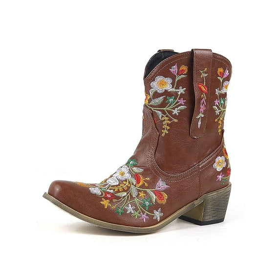 Gomelly Women Western Cowboy Cowgirl Embroidered Ankle Boots Ladies Fashion Western Shoes 9 Brown