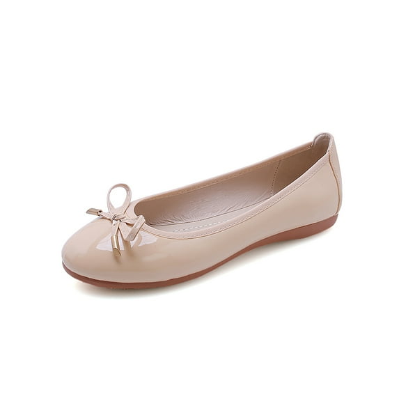 Gomelly Women's Flats Comfort Casual Shoe Bow Pumps Anti-Slip Ballet Flat Work Formal Loafers Patent Leather Apricot 7