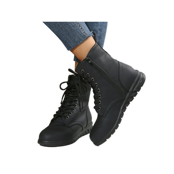 Gomelly Womens Ankle Boots Lace Up Work Boot Round Toe Short Bootie Fashion Leather Booties Outdoor Hiking Black 7