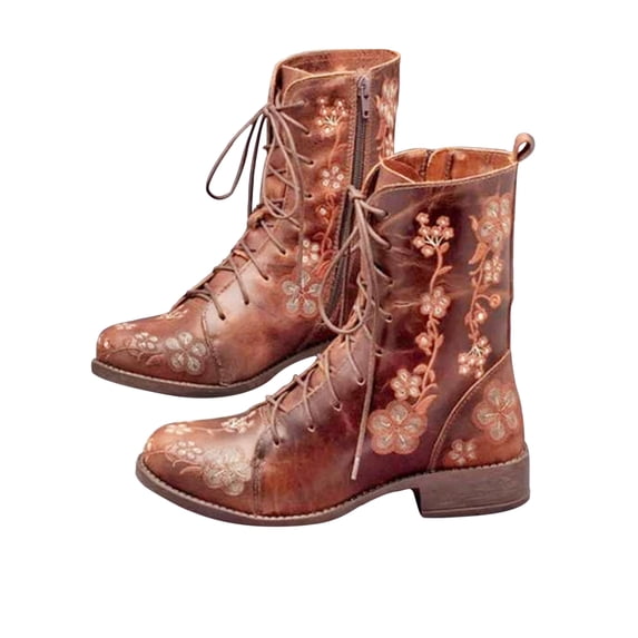 Gomelly Womens Combat Boot Floral Winter Boots Side Zip Ankle Booties Mid Calf Shoes Women Ladies Coffee 10