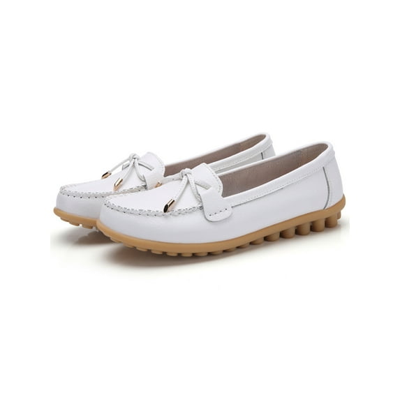 Gomelly Womens Nursing Shoes Bow Loafers Comfort Moccasins Nonslip Flats Driving Kitchen Boat Shoe White 5.5